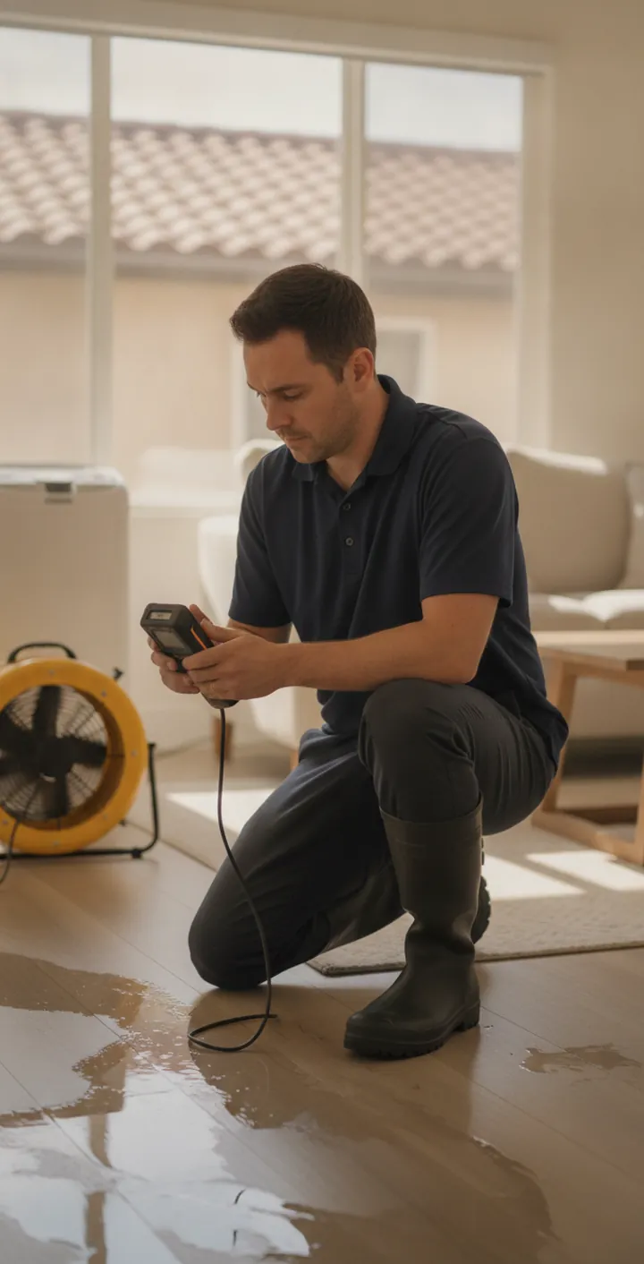 Water damage restoration technician drying a flooded Thousand Oaks home