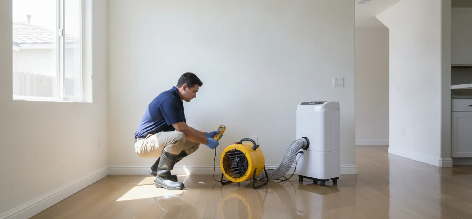 Water damage restoration technician drying a flooded Thousand Oaks home